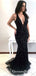 Mermaid Deep V-Neck Open Back Black Prom Dresses with Beading, QB0509