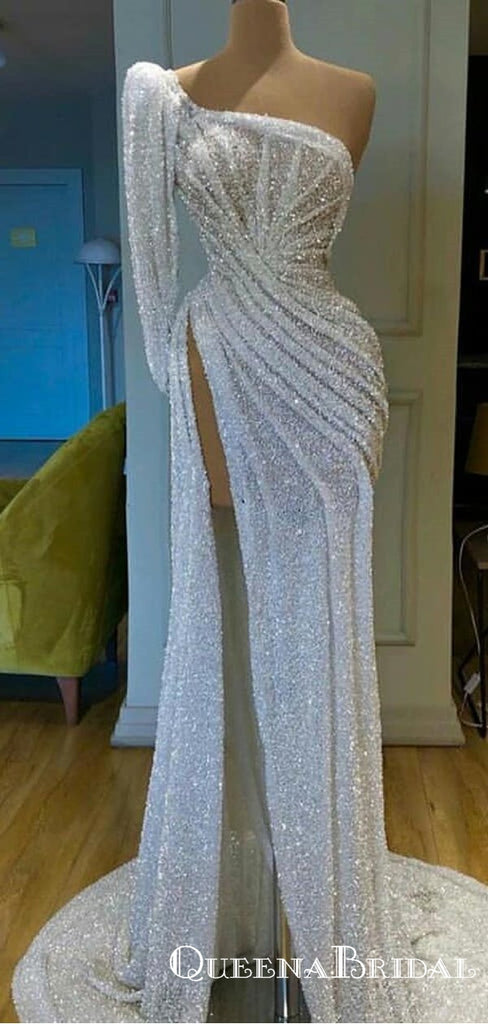 New Arrival Sparkly One Shoulder Long Sleeves High Slit Long Cheap Mermaid Sequin Prom Dresses, QB0930