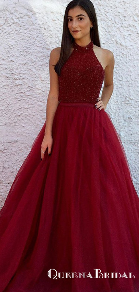 A-Line Halter Long Backless Burgundy Tulle Prom Dresses with Beading, QB0548