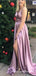 Simple Pink Spaghetti Strap Long Cheap Prom Dresses with Cross Back, QB0664