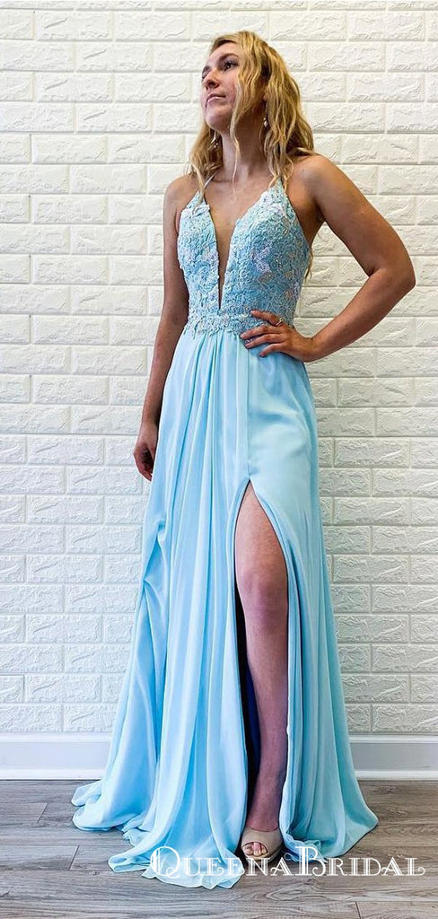 Deep V-neck  Lace-Up Long Cheap Sky Blue Prom Dresses with Appliques, QB0766