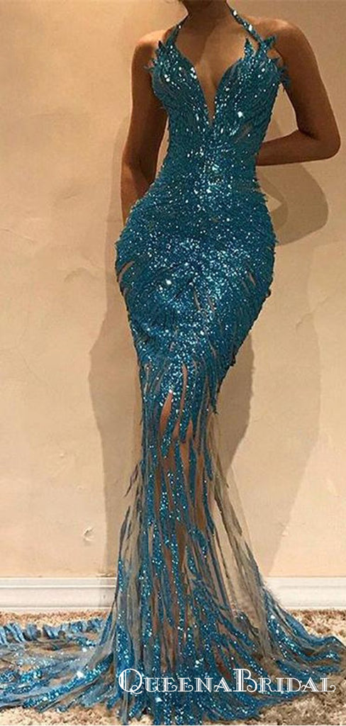 Sexy Halter Long Cheap Mermaid Evening Party Prom Dresses With Applique, QB0757