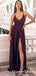 Simple Spaghetti Straps Burgundy Long Prom Dresses With Split, QB0635