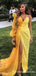 Unique Desigh One shoulder Long Sleeves Yellow Long A-line Organza Cheap Prom Dresses, QB0924