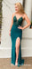 Spaghetti Strap Mermaid V-Back Long Teal Cheap Prom Dresses with Slit, QB0767