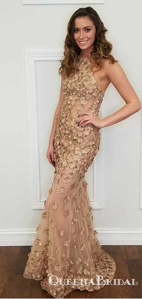 Mermaid Halter Backless Champagne Prom Dresses with Appliques, QB0688