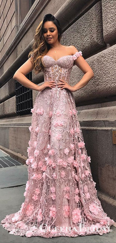 Fancy A-line Blush Off Shoulder Long Prom Dresses with Appliques Lace, QB0666