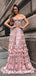 Fancy A-line Blush Off Shoulder Long Prom Dresses with Appliques Lace, QB0666