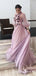 A-Line High Neck 3/4 Sleeves Lilac Long Cheap Prom Dresses with Flowers, QB0795