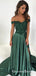 Elegant Green Lace V-neck Off-the-shoulder Long Satin Split Prom Dresses, QB0597