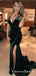 Mermaid V Neck Open Back Dark Green Velvet Long Prom Dresses, QB0589