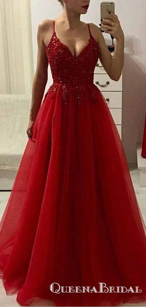 Charming V Neck Spaghetti Straps Dark Red Tulle Long with Beading Prom Dresses, QB0562