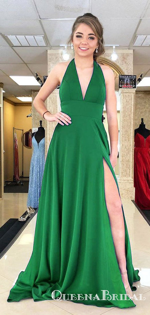 Charming A-Line Halter Long Cheap Prom Dresses with Slit, QB0639