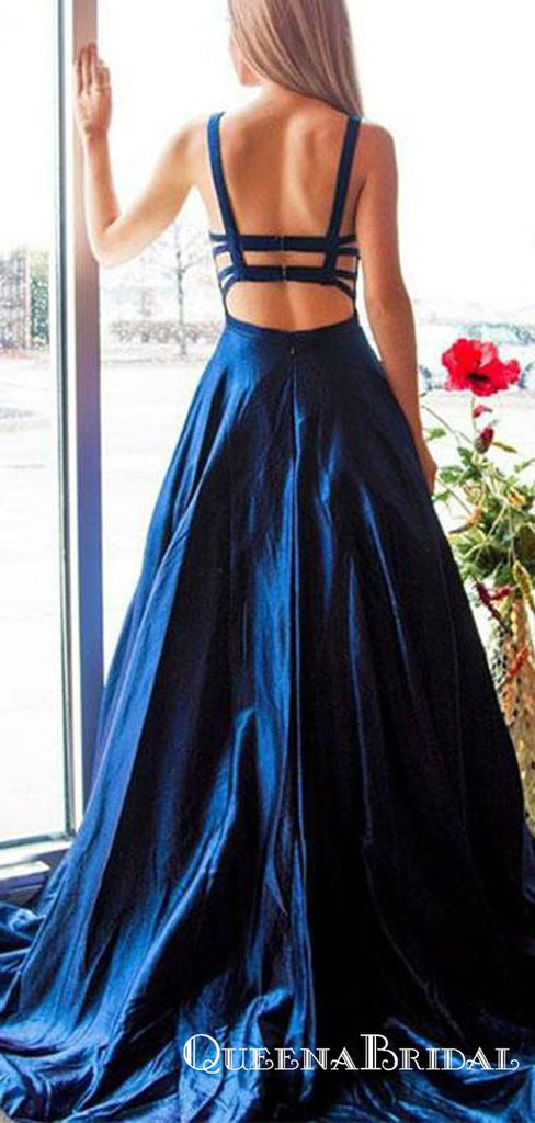 Charming Navy Blue Long Cheap Spaghetti Straps Backless Prom Dresses, QB0638