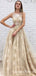 A-Line Round Neck Open Back Champagne Long Prom Dresses, QB0796