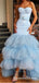 Mermaid Sweetheart High Low Light Blue Tiered Tulle Prom Dresses, QB0521