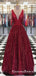 Sparkly Burgundy Sequins Cheap Long V Neck A Line Prom Dresses, QB0593