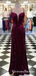 Charming Mermaid Spaghetti Straps Cross Back Split Velvet Burgundy Long Prom Dresses, QB0601