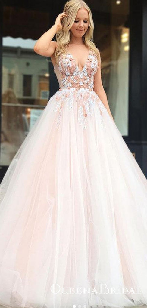 Charming Blush Pink Plus Size V Neck Tulle  Ball Gown Prom Dresses, QB0592