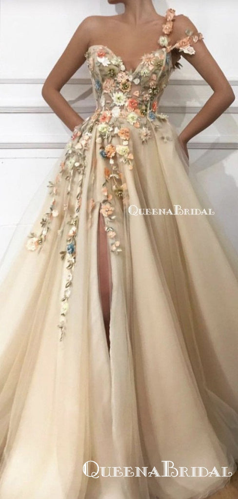 Flower Shoulder Side Slit Cute Long Evening Prom Dresses, Evening Party Prom Dresses, PDS0058