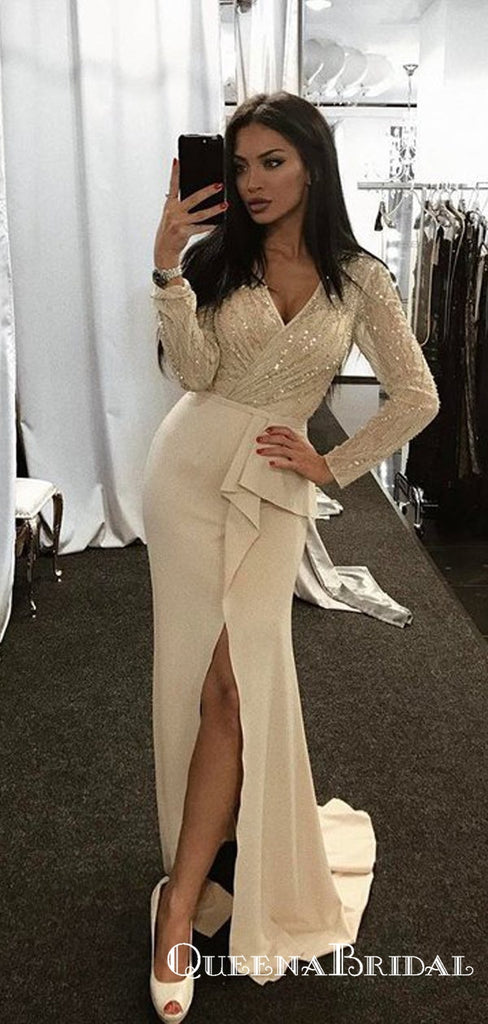 Sexy Long Sleeves V Neck Beading Split Long Cheap Prom Dresses, QB0661