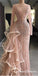 Illusion Neck Chic Pink Sheath Long Sleeve Mermaid Prom Dresses With Beaded, QB0693