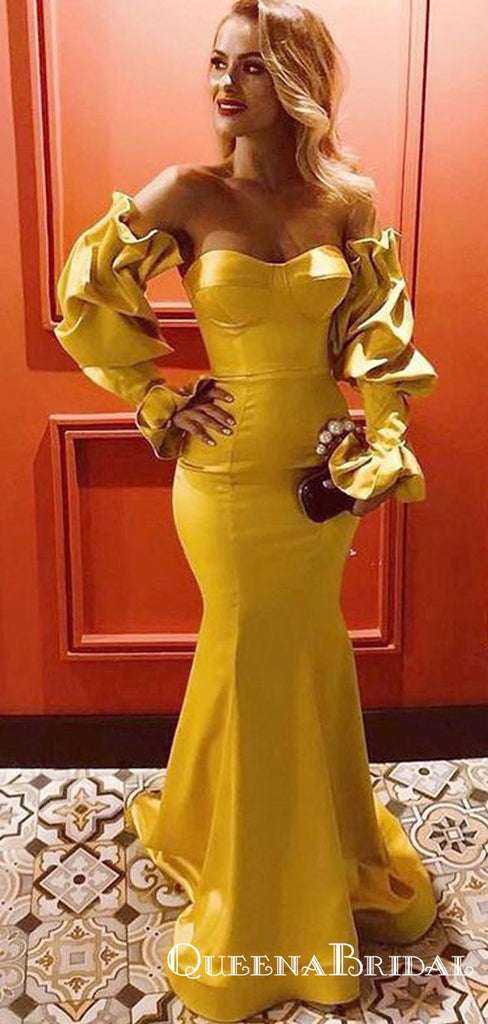 Yellow Long Mermaid Evening Gowns Sweetheart Prom Dresses with Sleeves, QB0774