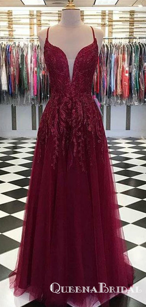 Deep V Neck Burgundy Long Appliques Evening Party Prom Dresses, QB0756