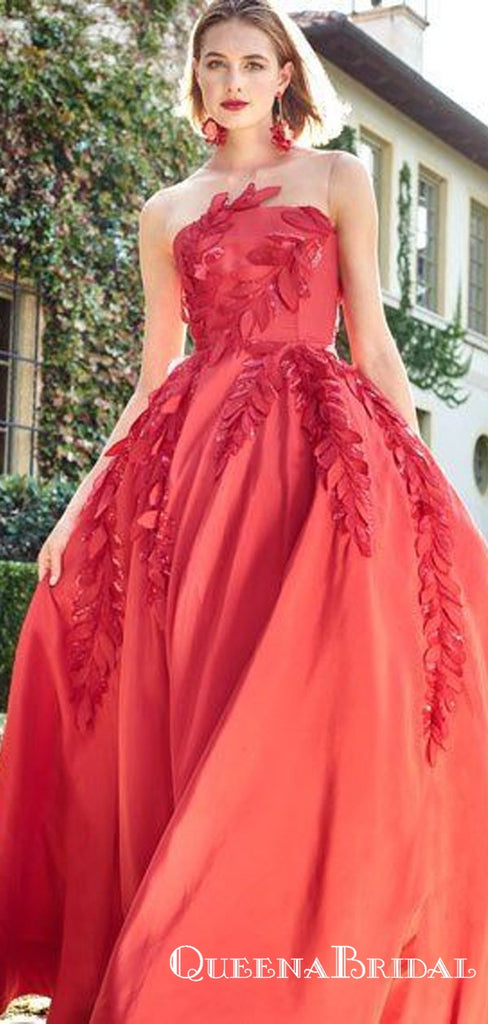 Red Color Appliques A-line Strapless Long Cheap Prom Dresses, QB0800