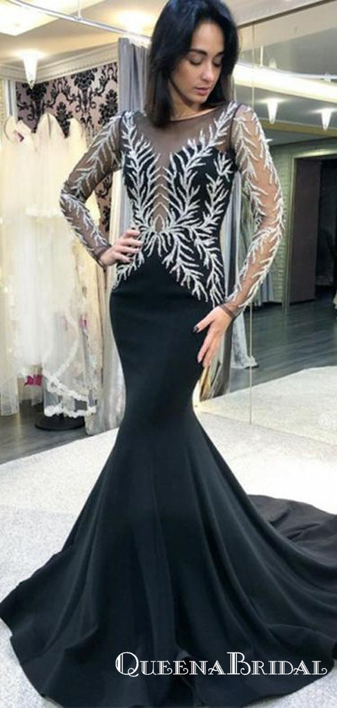 Jewel Black Long Sleeves Appliques Mermaid Evening Gowns Prom Dresses, QB0778