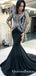 Jewel Black Long Sleeves Appliques Mermaid Evening Gowns Prom Dresses, QB0778