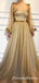 2019 Chic Scoop Long Sleeve Gold Long Cheap Prom Dresses With Applique, QB0606