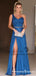 A-Line One-Shoulder Long Blue Ruched Prom Dresses with Split, QB0495