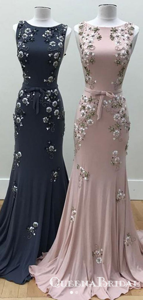 Sheath Jewel  Beautiful Pink Long Prom Dresses With Applique&Beaded, QB0783