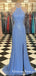 2019 Sheath Crew Long Light Blue Prom Dresses with Beading Split, QB0512