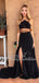 Sexy Black Two Pieces Side Slit Long Cheap Prom Dresses, QB0479