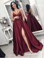 Maroon Spaghetti Straps Side Slit Long Evening Prom Dresses, QB0407