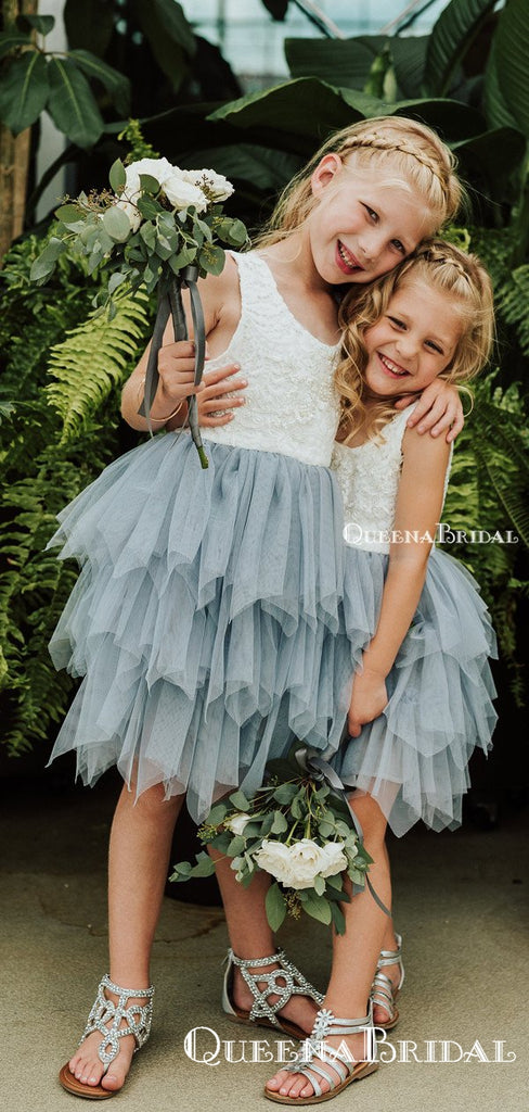 New Arrival Round Neck Navy Blue Tulle A-line Long Cheap Flower Girl Dresses, FGS0014