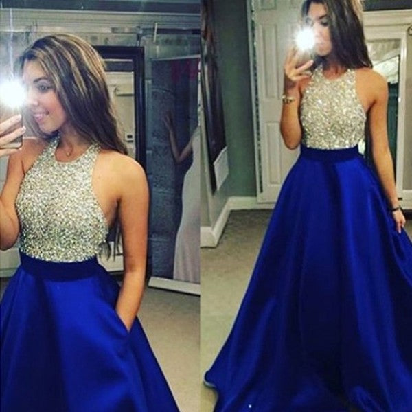 A-Line Halter Backless Floor-Length Royal Blue Satin Prom Dresses with Beading, QB0256