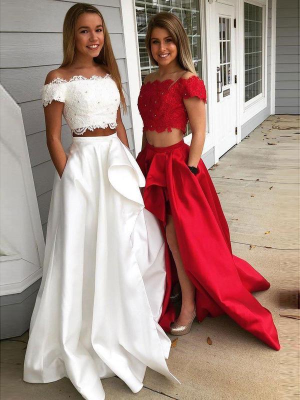 Off the Shoulder Lace Appliqued Two Piece Prom Dresses Online, QB0292