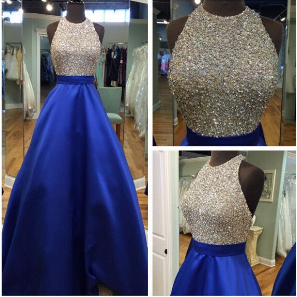 A-Line Halter Backless Floor-Length Royal Blue Satin Prom Dresses with Beading, QB0256