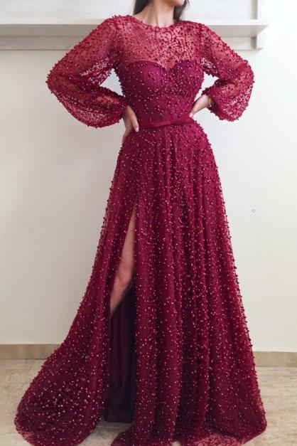 Burgundy Round Neck Heavy Beaded Long Tulle Prom Dresses, QB0558