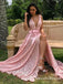 Elegant V-neck Long Cheap Pink Lace Prom Dresses With Side Slit, QB0712