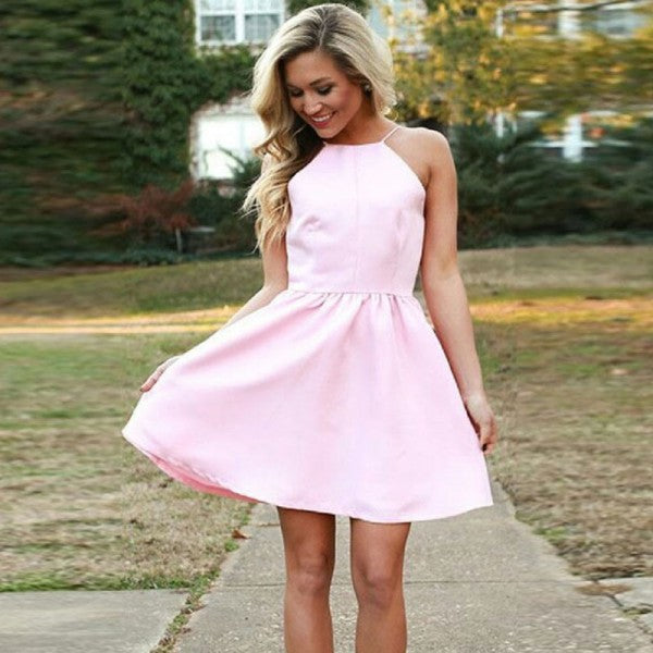 Simple Halter Strap Backless Short Cheap Pink Satin Homecoming Dresses, QB0184