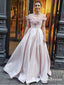 A-Line Off-the-Shoulder Long Blush Pink Satin Prom Dresses with Feather, QB0530