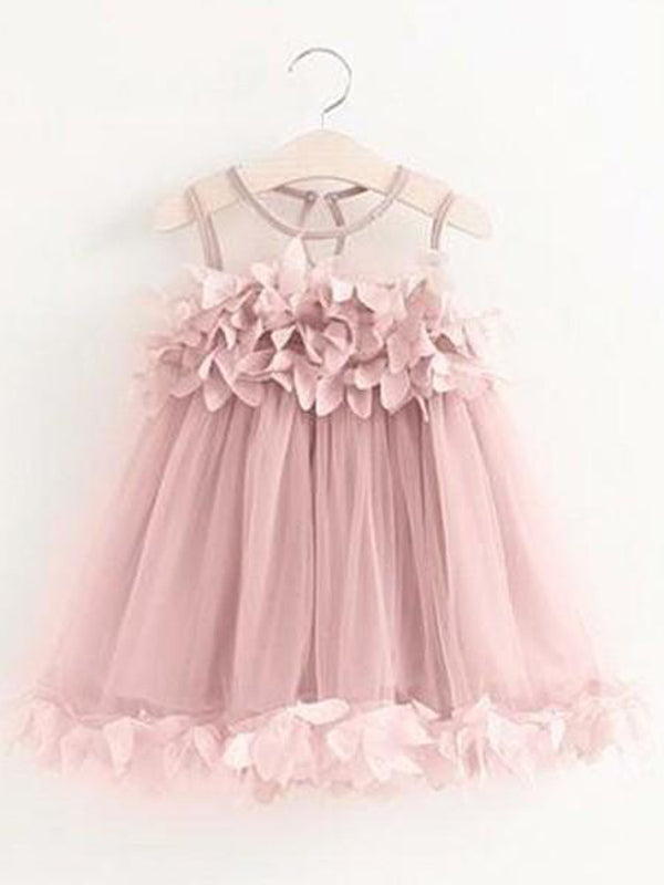 Cute Round Neck Pink Tulle Cheap Flower Girl Dresses with Appliques, QB0093