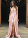 Elegant V-neck Long Cheap Pink Lace Prom Dresses With Side Slit, QB0712