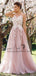 Jewel Neck A-line Lace Applique Pink Evening Prom Dresses, QB0455