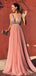 Simple Pink A-line V-neck Cheap Maxi Long Evening Prom Dresses, WGP261