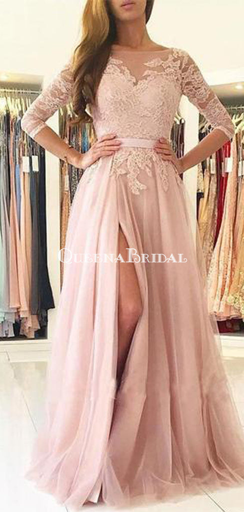 Sexy Split Blush Pink Long Sleeve Lace Evening Prom Dresses, Sexy Party Prom Dresses, PDS0080